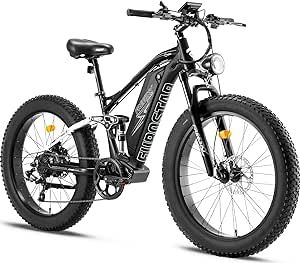 FREESKY Electric Bike for Adults 1000W/Peak 1500W Ebike 48V 20AH Battery, 26" Fat Tire Full Suspension, 33MPH Shimano-7 Speed Off Road Beach Mountain Electric Bicycle with Dual Hydraulic Disc Brakes