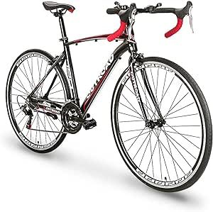 PanAme 14-21 Speed Road Bike with Light Aluminum Alloy Frame, 700C Wheel Commuter Bicycle with Dual Disc/V Brakes for Men and Women, Adult Faster Racing Bike (Black, Red, Blue, White)